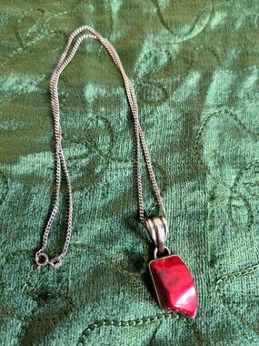 Sterling Silver 925 Pendant Natural Red Coral Semiprecious Stone Bohemian Boho